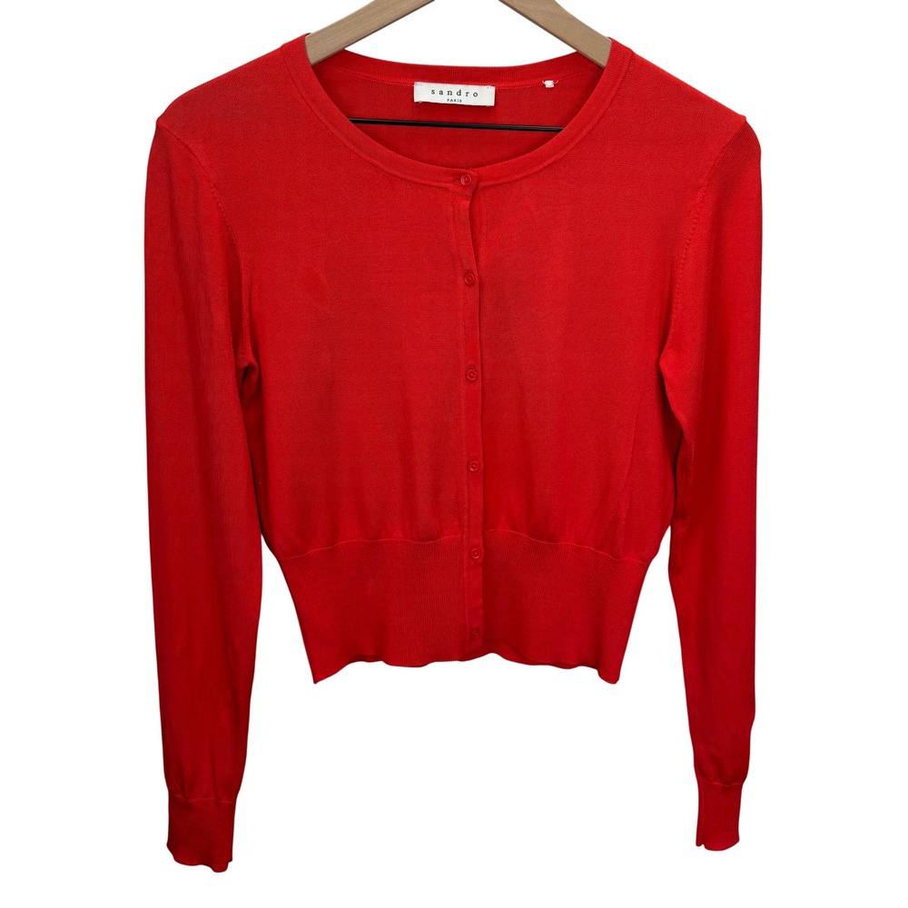 Sandro Paris Cropped Cardigan Sweater Orange Womens US Size M Parisian Luxe